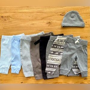 8 Pants & 1 Hat Bundle - Size 0 to 3 Months